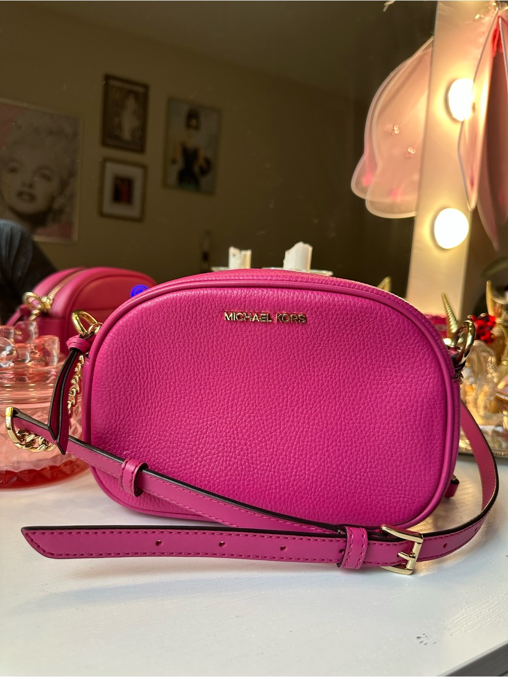 Michael Kors Jet Set Small Hot Pink Pebbled Leather Crossbody Bag
